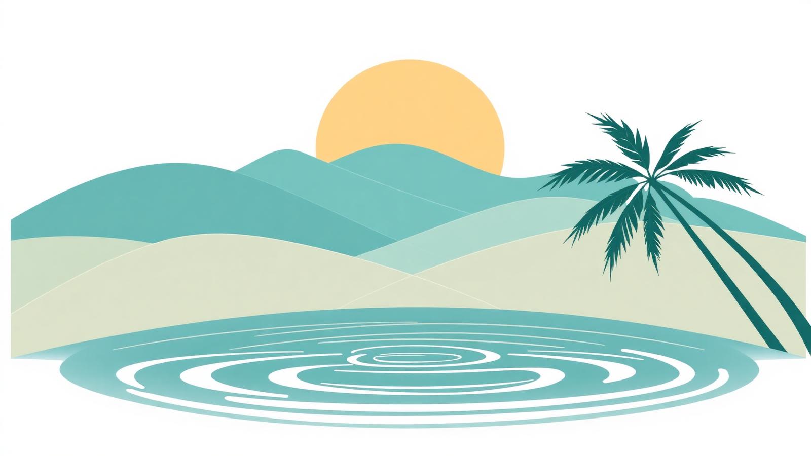 Illustrated tropical horizon with rolling hills, palm curves and a rising sun