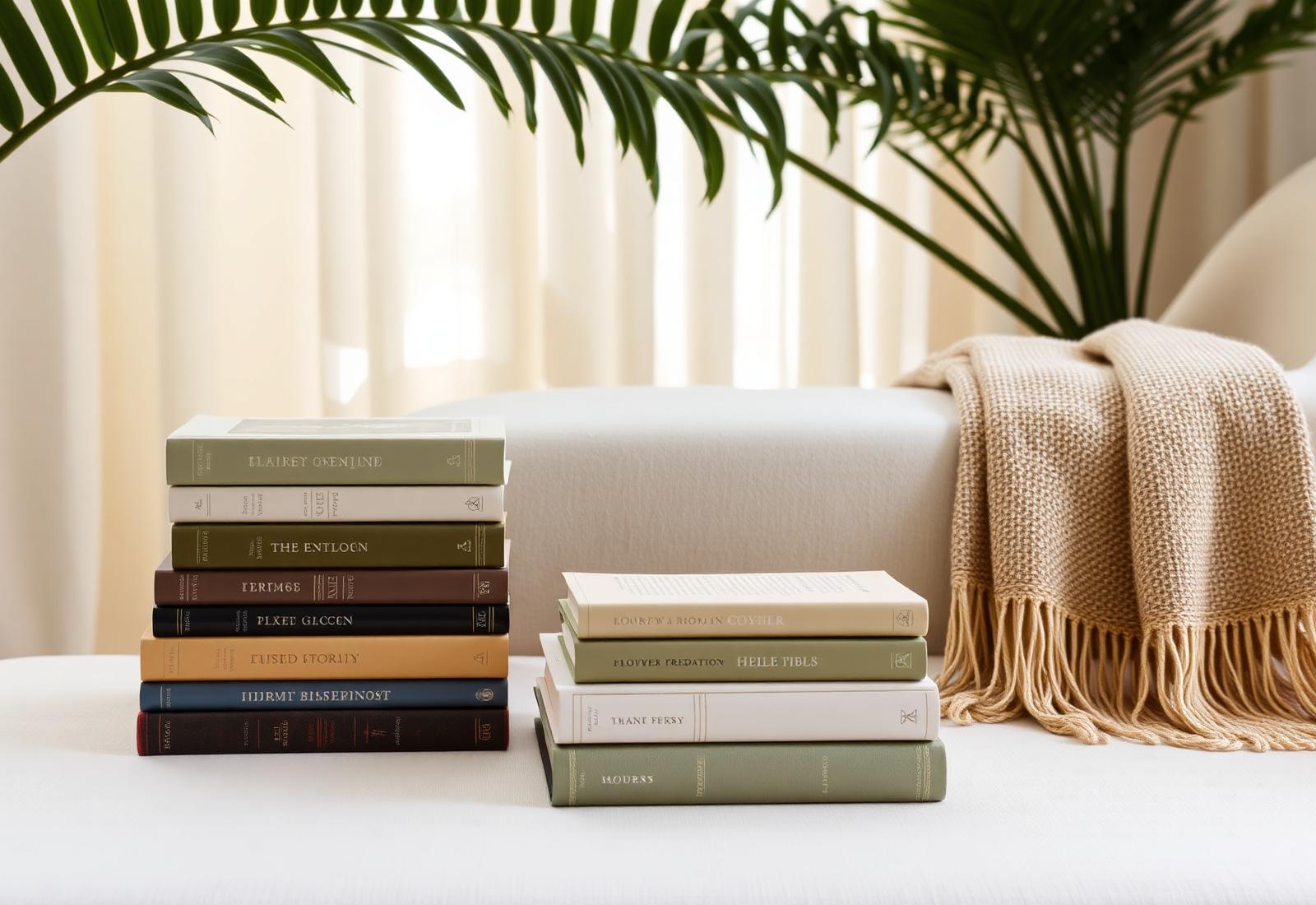 Elegant stack of books beside a linen chaise and tropical plant